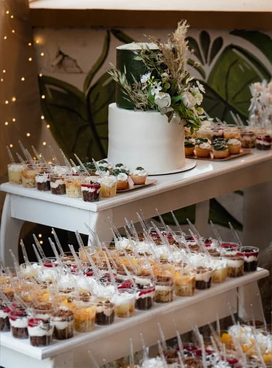 Mesa dulce escalonada con torta de boda
